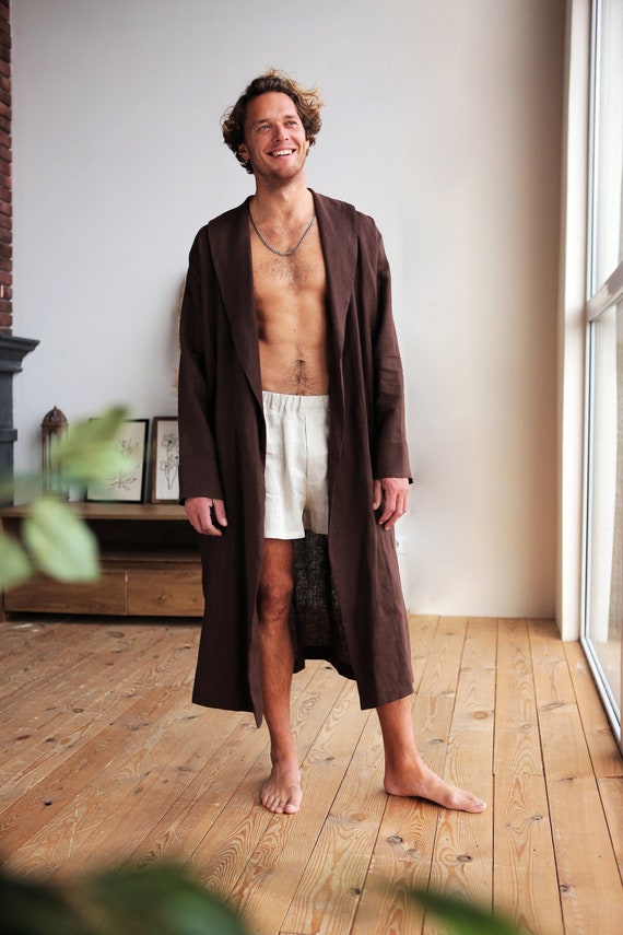 Linen Robe for Men Natural Loungewear Brown Dressing Gown 