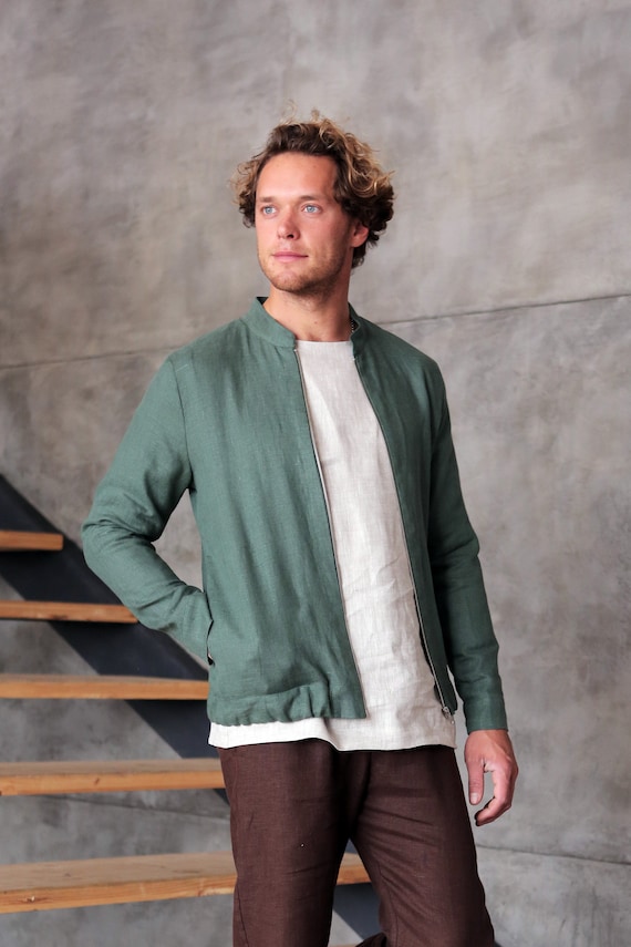 Mens Linen Bomber Jacket, Summer Cardigan, Bomber Jacket, Green