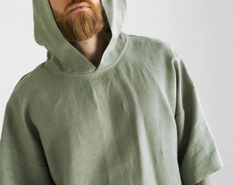 Mens Hooded T-shirt, Summer Green Hoodie, Linen Hoodie