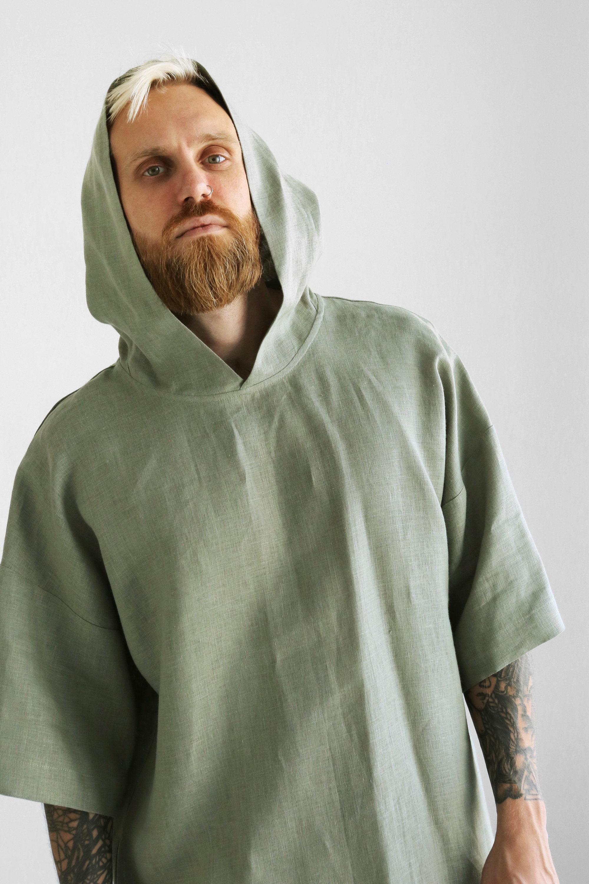 送料無料 通販 激安 Mens Hooded Hoodie Linen Hoodie, Green Summer T-shirt, Clothing