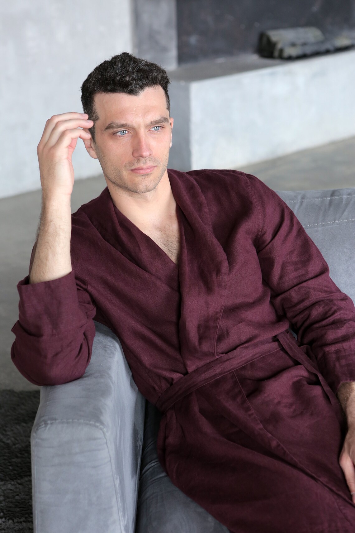 Linen bathrobe Mens linen bathrobe Burgundy spa robe Etsy