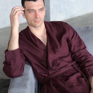 Linen bathrobe, Mens linen bathrobe, Burgundy spa robe, Dressing gown men, Natural bathrobe, Housecoat, Mens robe, Flax robe, Linen gown image 4