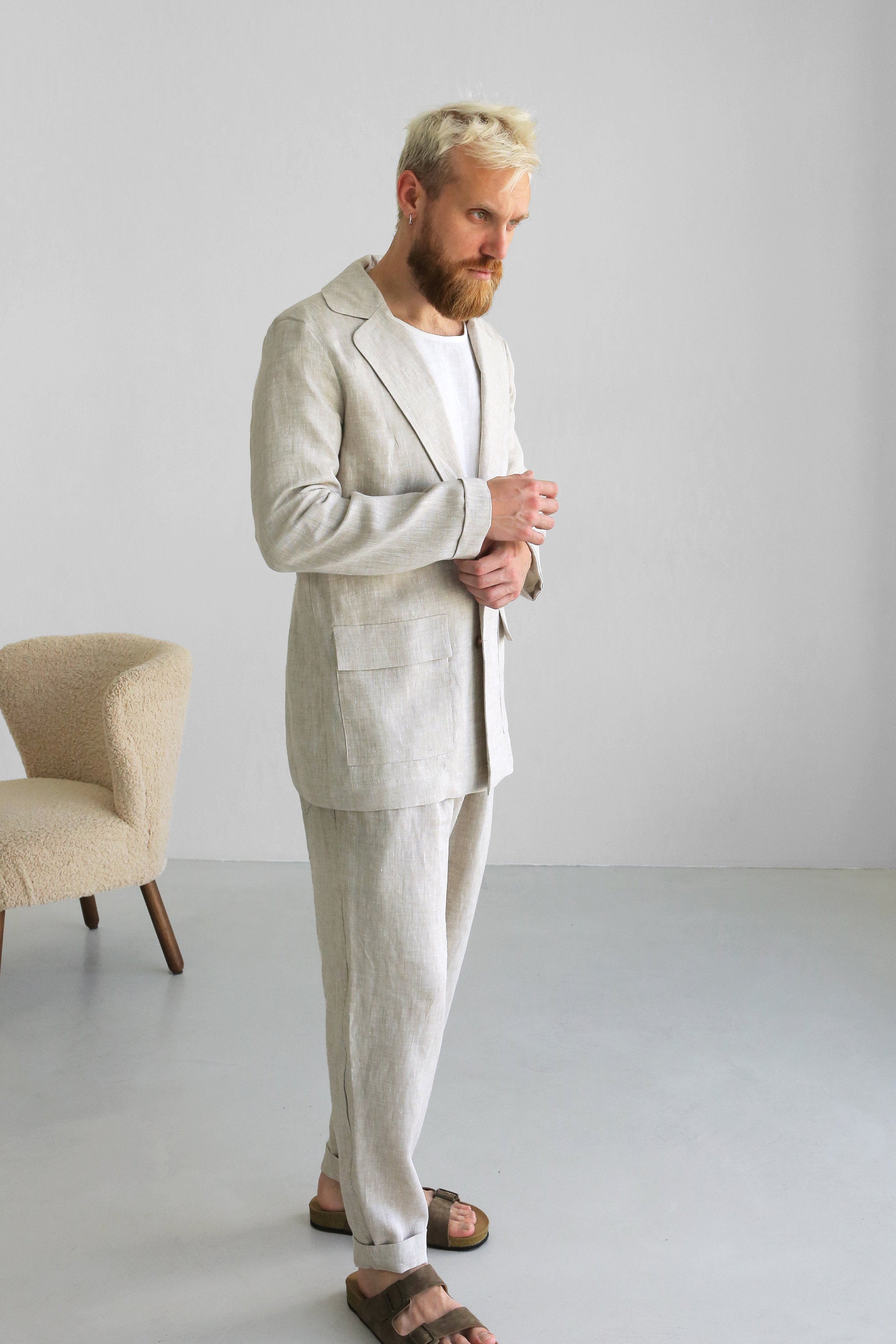 Linen Mens Jacket, Men's Flax Blazer, Beige Cardigan for Men