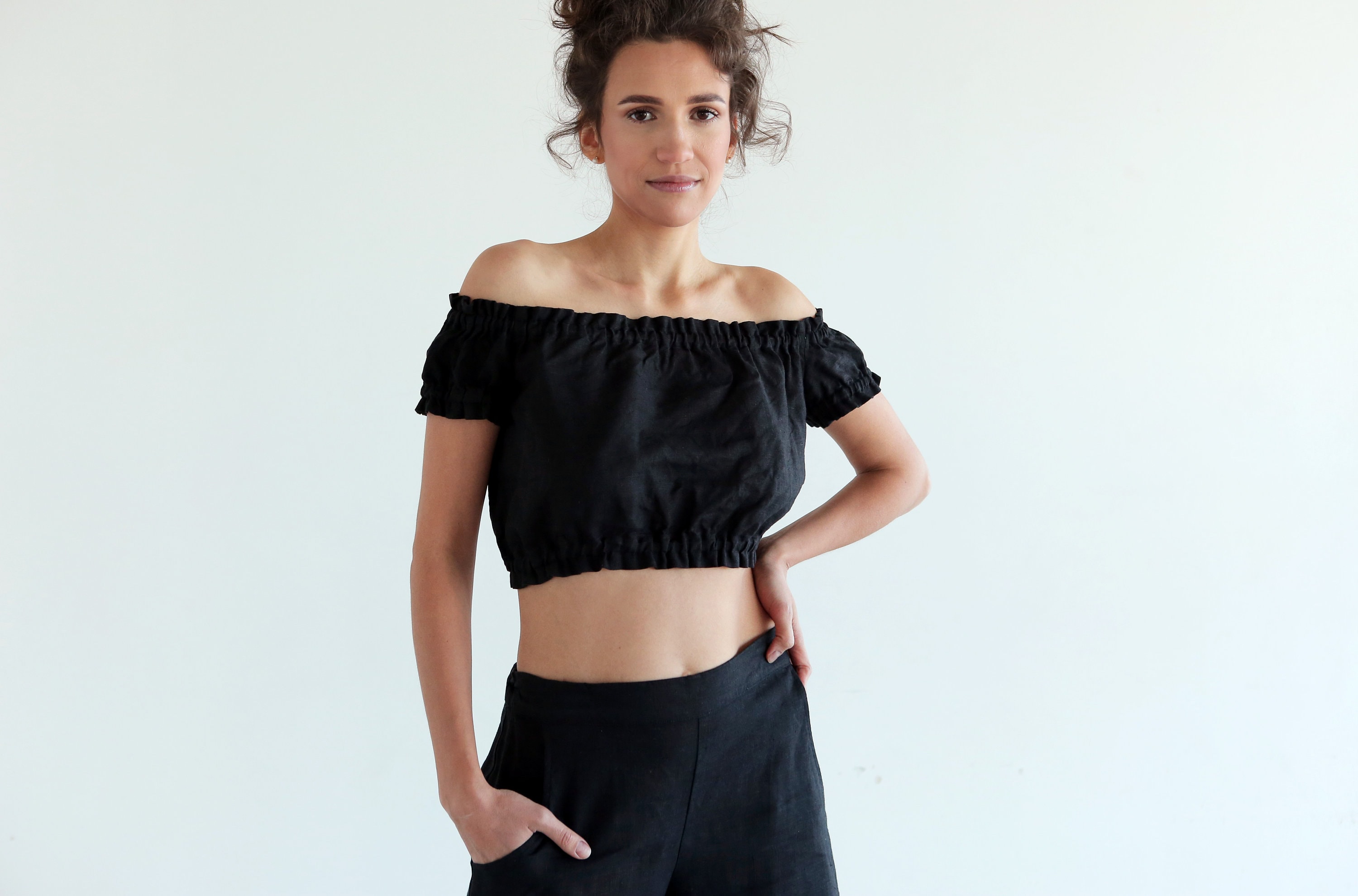 black off the shoulder peasant top