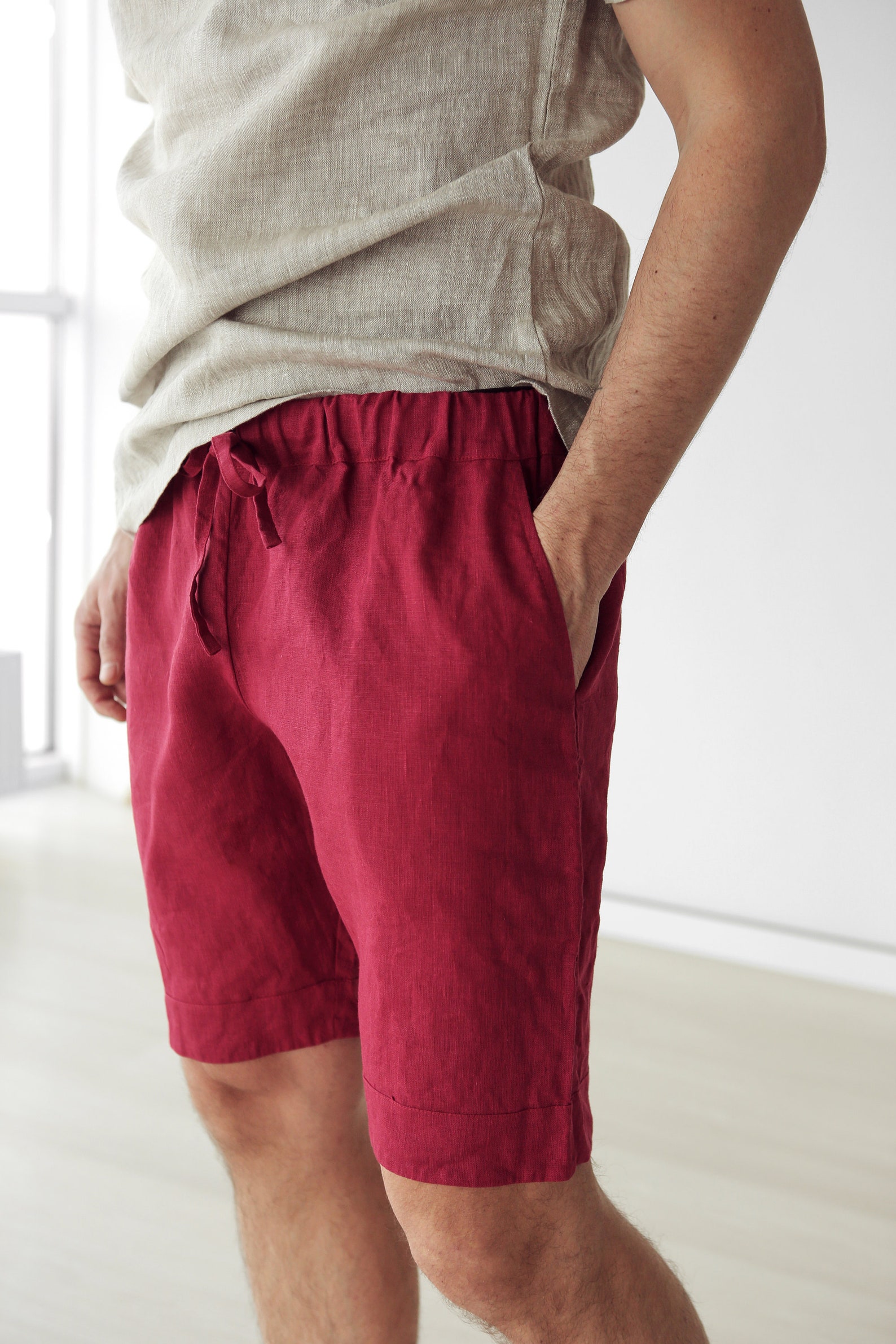 Mens Linen Shorts, Red Shorts, Basic Shorts, Shorts for Men, Spring