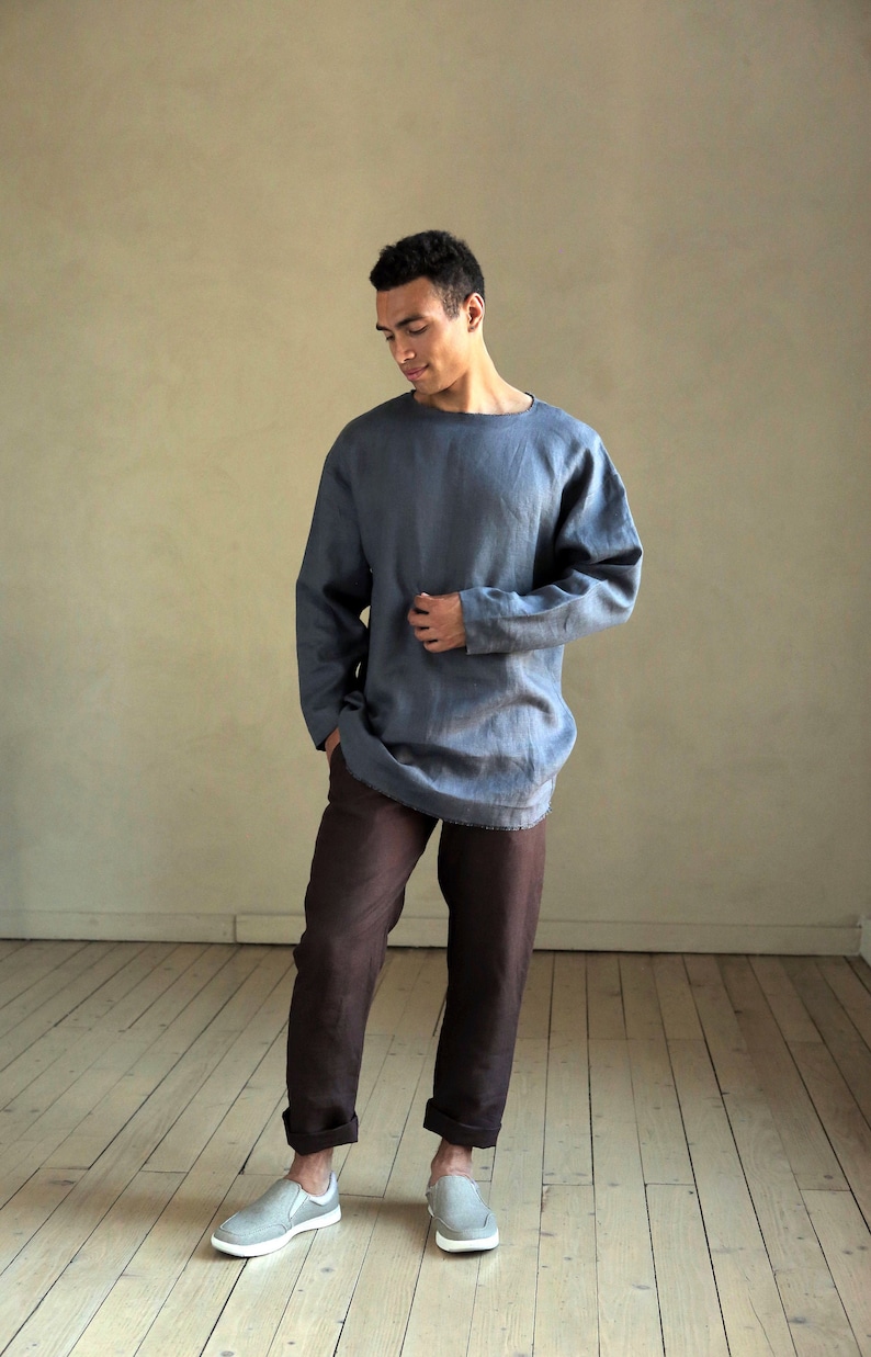 Mens linen oversize sweatshirt Designer clothes Shirt for men Mans relax shirt Simple shirt Gray shirt Beach linen shirt Christmas gift