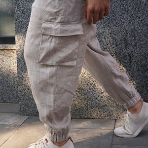 Pantaloni cargo in lino da uomo con tasche laterali, pantaloni estivi, pantaloni lounge beige, pantaloni da lavoro, regalo per lui, pantaloni da spiaggia, pantaloni da yoga immagine 6