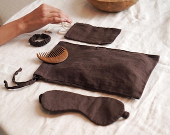Linen Accessory Set BARBERRY in Brown | Sleep Mask, Scrunchie & Drawstring Linen Pouches