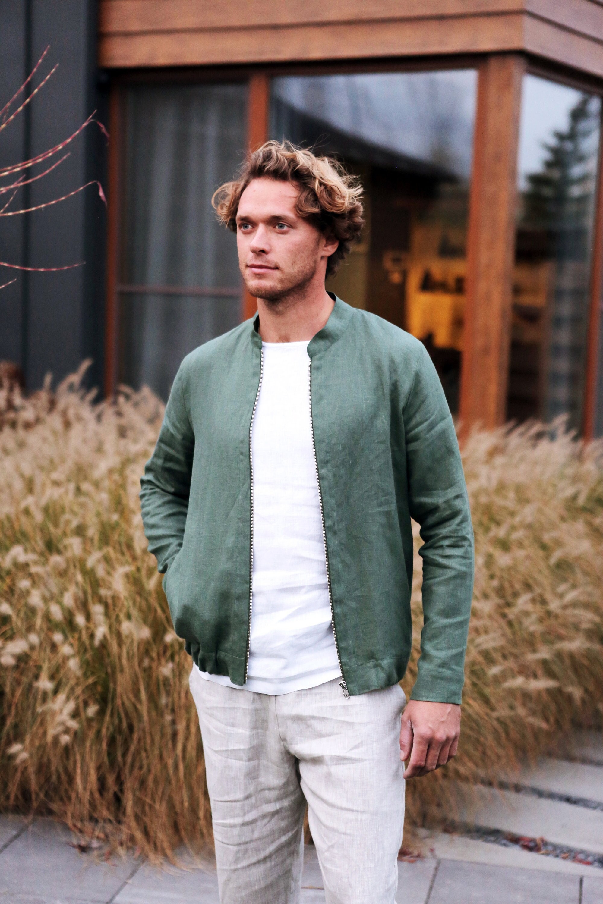 Green linen top jacket mens