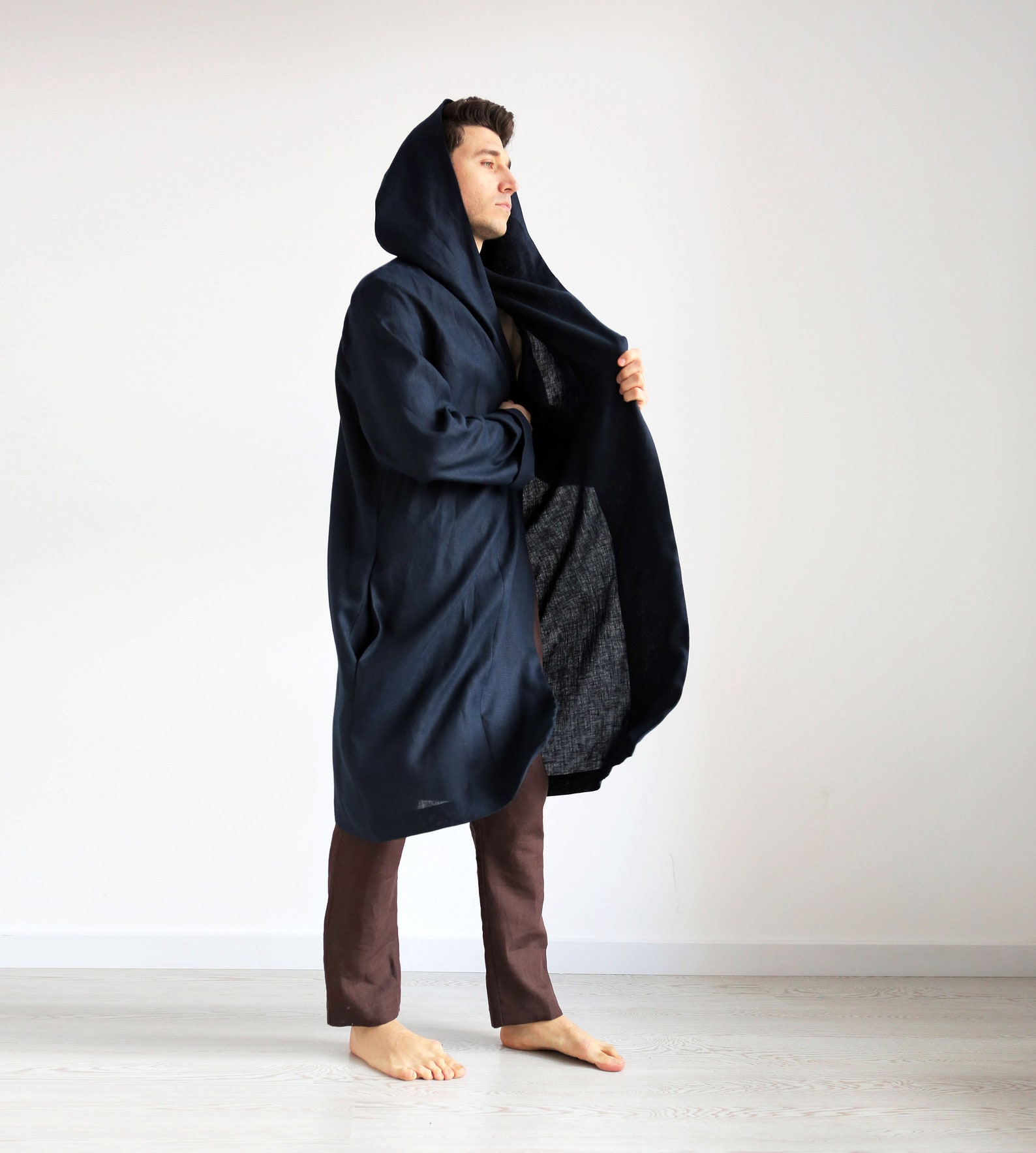 Mens linen robe with a hood Dark blue robe Summer gown Etsy
