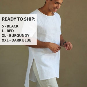 Mens linen t-shirt with slits, READY TO SHIP, Basic t-shirt, Shirt for men, Stylish t-shirt, White t-shirt, Gift for him, Tunic for men