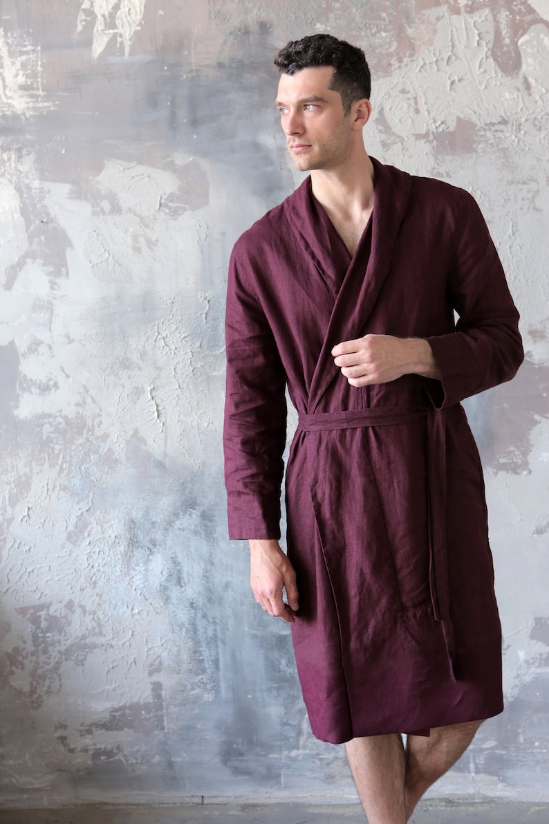 Linen bathrobe, Mens linen bathrobe, Burgundy spa robe, Dressing gown men, Natural bathrobe, Housecoat, Mens robe, Flax robe, Linen gown image 2