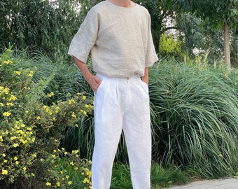 Mens Linen Pants With Pleats, White Linen Joggers, Mens Trousers, Loose Fit  Pants, Baggy Pants -  Denmark