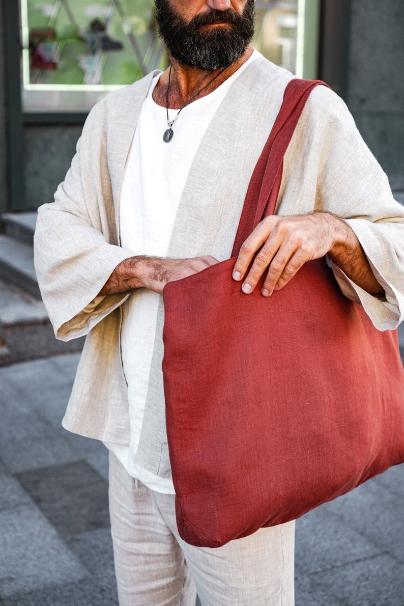 Borsa tote in lino, Zero rifiuti, Borsa da spiaggia, Shopper in lino biologico, Borsa vegana immagine 5