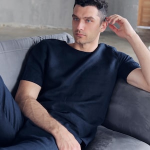 Mens linen t-shirt, Basic t-shirt, Shirt for men, Stylish t-shirt, Dark-blue t-shirt, Flax shirt, Beach t-shirt, Summer shirt