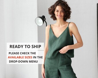 Linen v-neck tank top, Strap linen top, Simple minimal top, Natural linen top, Green sleeveless top