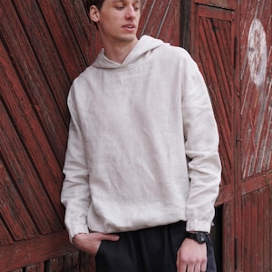 Mens linen hoodie, Oversize beige hoodie with tie on bottom