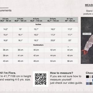 Pu&ograve; includere: Una tabella di taglie per una camicia con misure in pollici e centimetri. La tabella mostra la mezza circonferenza del torace, la lunghezza della schiena e la lunghezza della manica per diverse et&agrave;. La tabella include anche un codice QR e una sezione su come misurarsi.