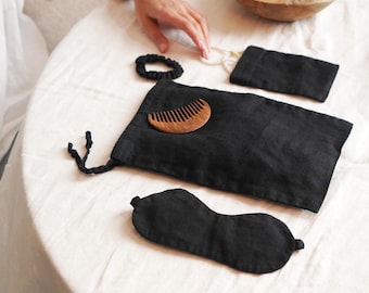 Linen Accessory Set BARBERRY in Black | Linen Sleep Mask, Scrunchie & Two Pouches