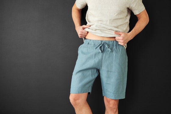 Mens Linen Shorts Blue Grey Shorts With 