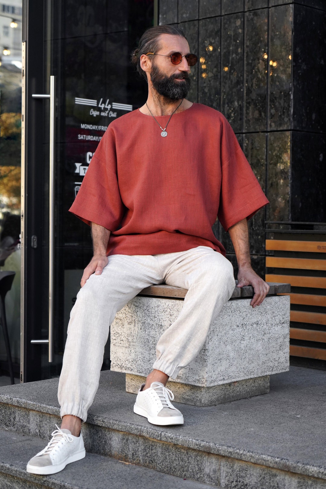 Linen Cotton Blend T Shirt For Men Oversized Relaxed Fit Breathable Casual Autumn Wardrobe Essential main image 1