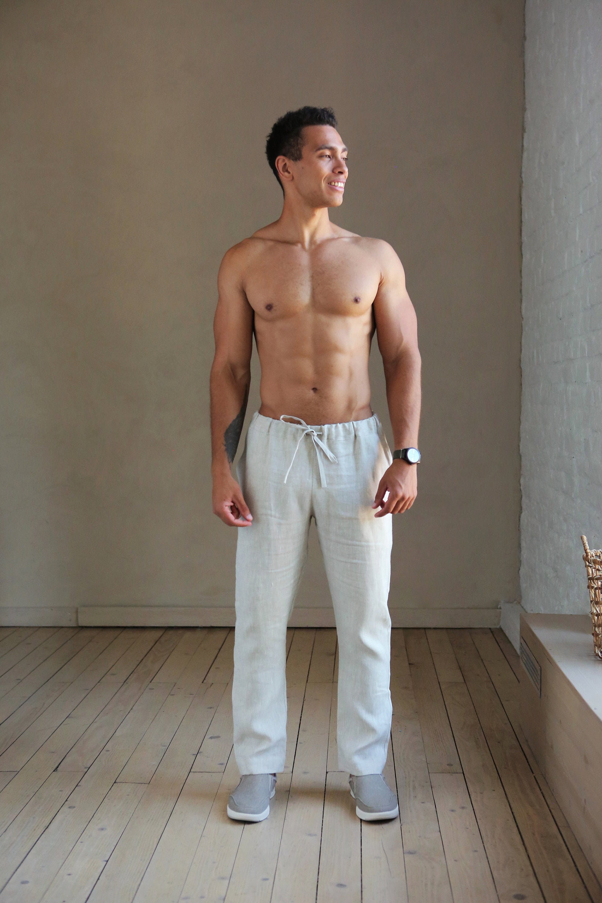 Linen Pants for Men, Beige Lounge Pants, Linen Trousers, Mans