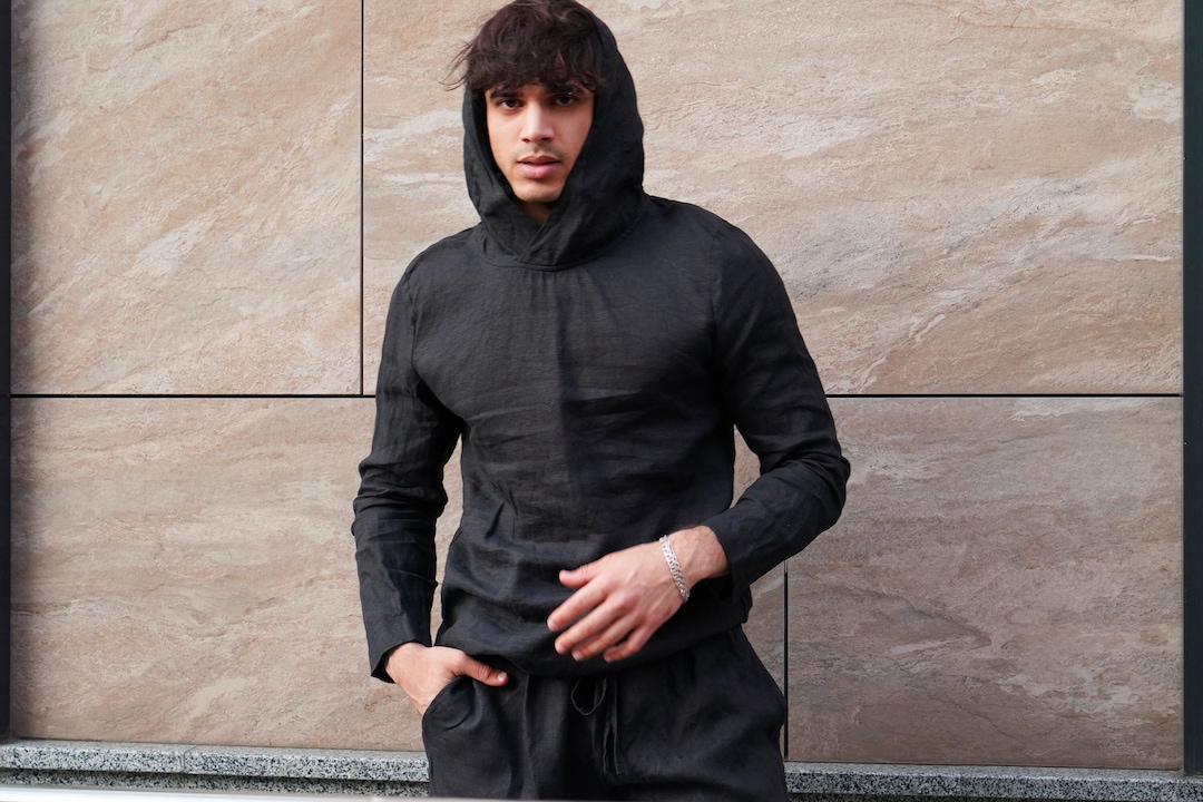 Buy Hooded Sweatshirt, Summer, Mens Linen Hoodie, Black Shirt for