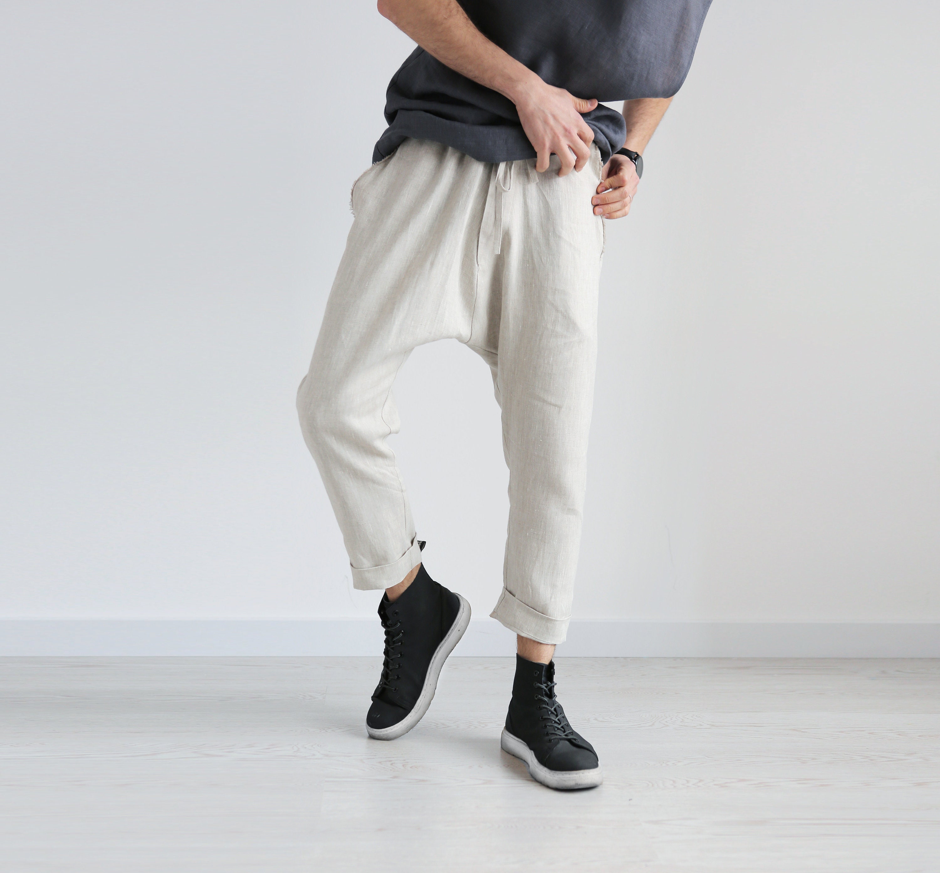 Natural Mens Linen Pants Lounge Pants Baggy Pants Mens Trousers
