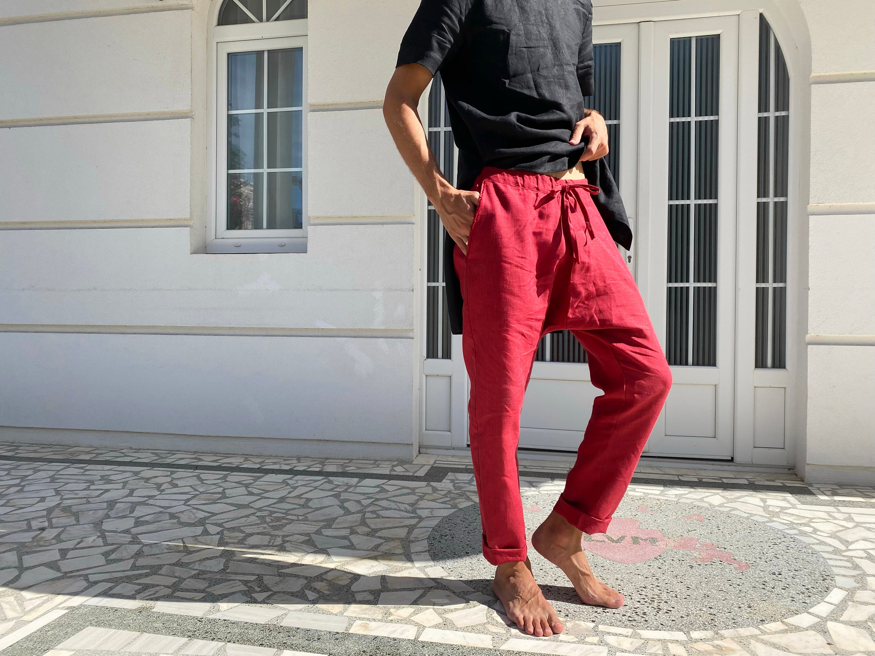 Drawstring Pants for Men 100% Linen. Natural Color.