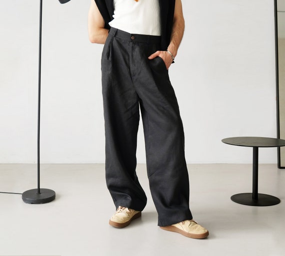 Wide Mens Linen Palazzo Pants With Pleats, High-waist Wide Linen Joggers,  Mens Trousers, Loose Fit Pants, Baggy Pants 