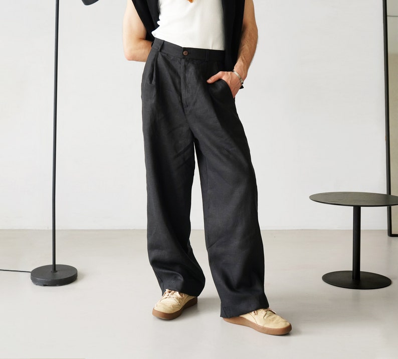 Wide mens linen palazzo pants with pleats, High-waist wide linen joggers, Mens trousers, Loose fit pants, Baggy pants zdjęcie 1