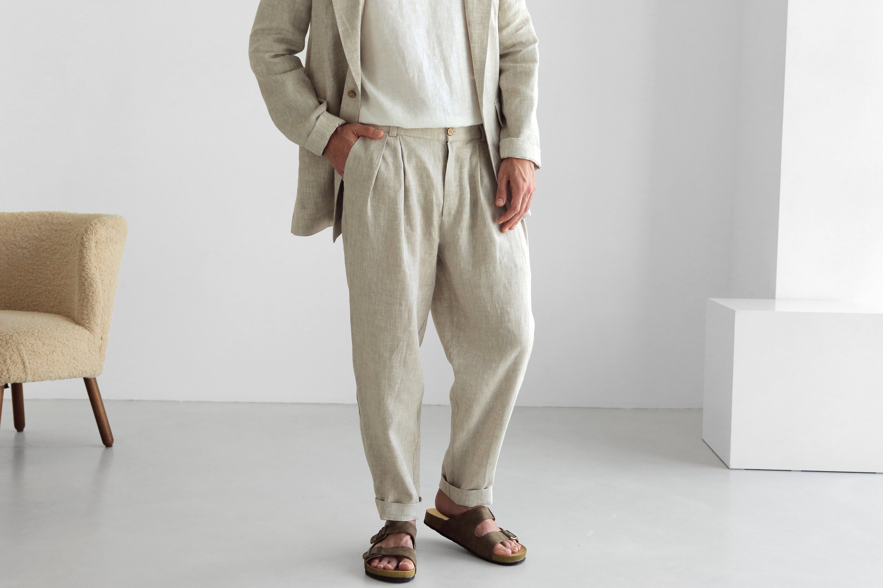 Mens linen pants with pleats, Linen joggers, Mens trousers, Loose fit  pants, Baggy pants Primary color: Light grey