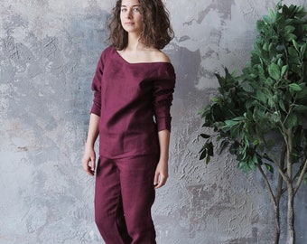 Linen womens set, Linen loungewear, Linen daily costume, Linen top, Linen pants, Womens sleepwear, Gift for her, Linen top open shoulders