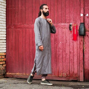 Linen kaftan with slits, Men&#39;s linen tunic, Dress for men, Dark grey long shirt