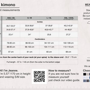 May include: A size chart for women's kimonos with measurements in inches and centimeters. The chart includes chest, hips, and half-chest measurements for sizes XXS/XS, S/M, L/XL, and XXL/XXXL. The chart also includes a diagram showing how to measure sleeve length.
