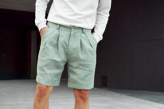 Mens Linen Shorts With Pleats, Pleated Shorts, Shorts for Men