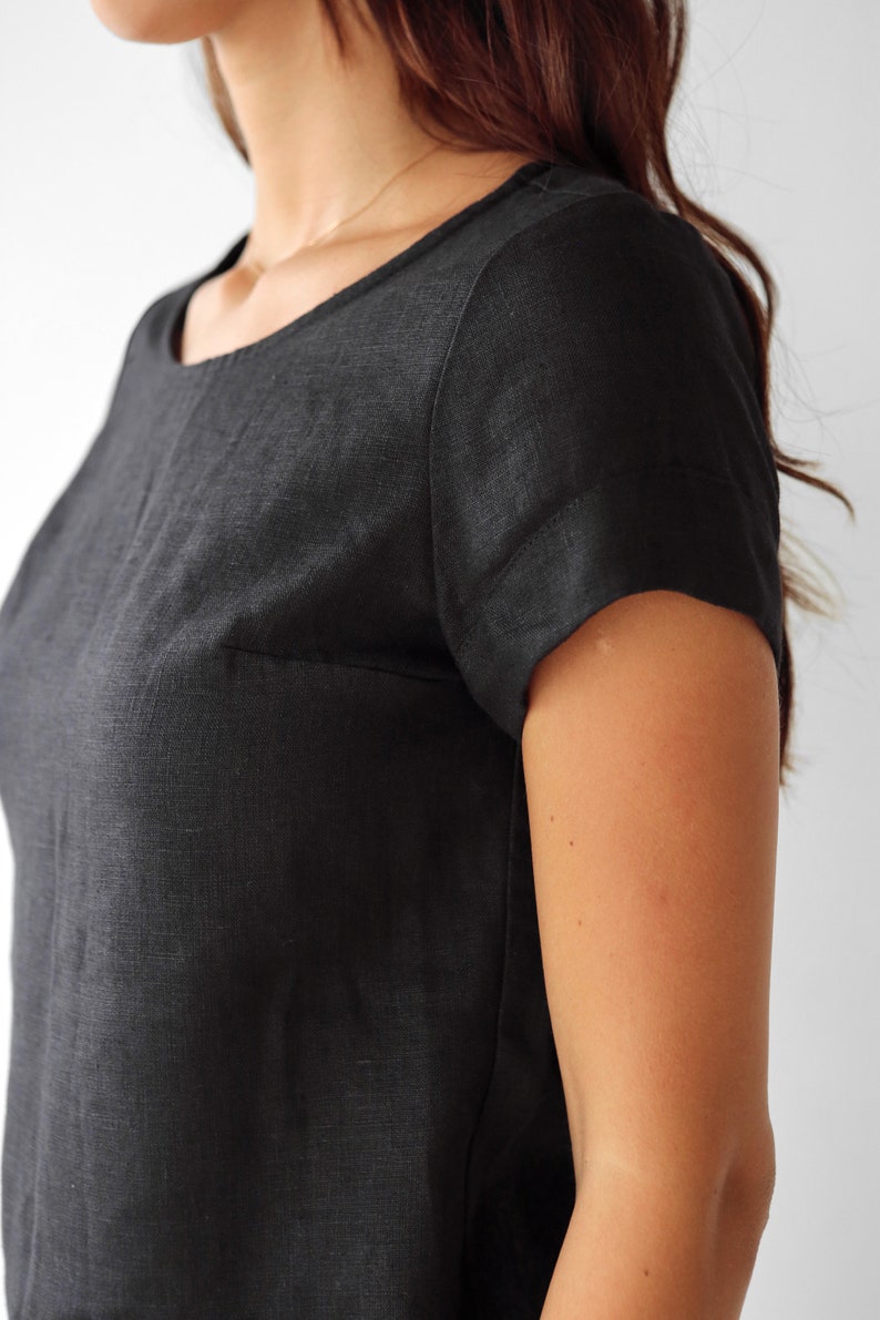 Womens linen top, Summer linen top, Organic t-shirt, Blouse, Flax women t-shirt, Natural pajama, Gift for her, Flax shirt, Black t-shirt zdjęcie 6