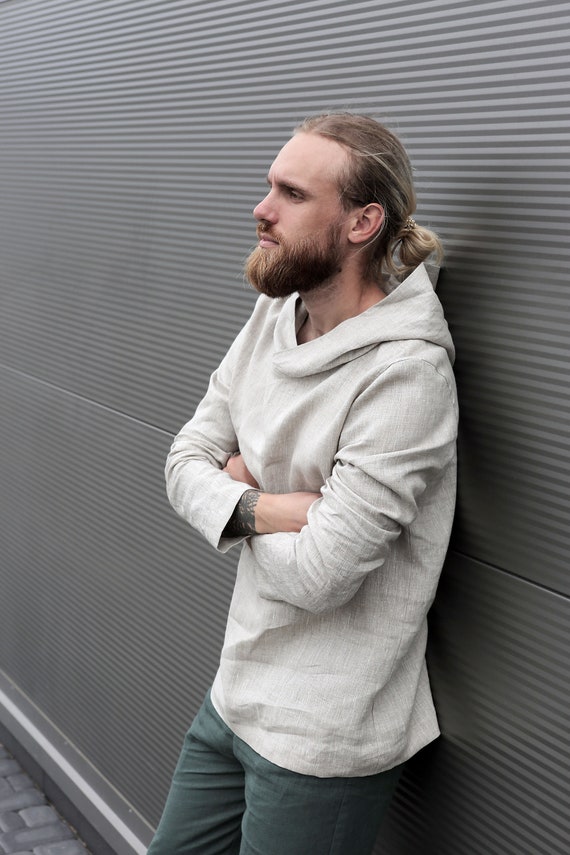 Mens white top linen hoodie