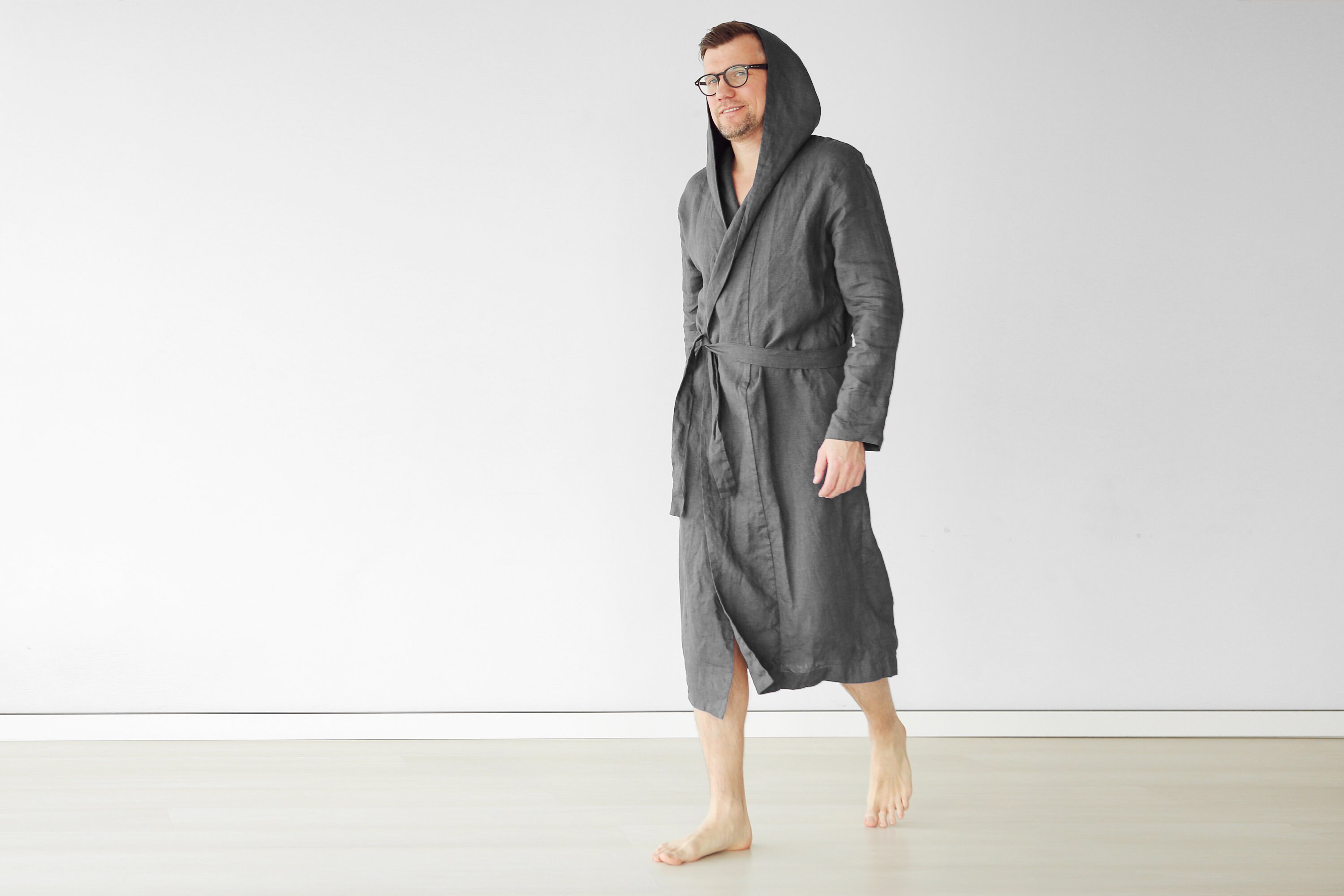 Mens Linen Bathrobe Dark Grey Hooded Robe Hoodie Bathrobe Etsy