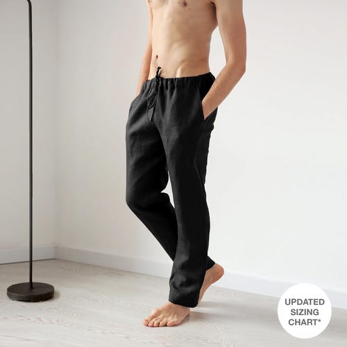 Men’s Straight Linen Pants — Black, Elastic Waist Lounge Pants