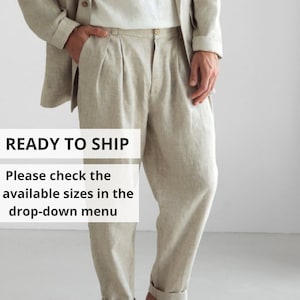 Mens linen pants with pleats, Linen joggers, Mens trousers, Loose fit pants, Baggy pants image 1