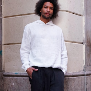 Mens linen hoodie, Relaxed white hoodie with tie on bottom