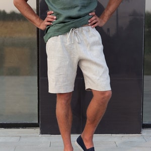 Herren-Leinen-Shorts, Sommer-Shorts, Shorts für Männer, Frühlings-Shorts, Herren-Bio-Kleidung, Strand-Shorts, Basic-Shorts, Beige-Shorts Bild 4