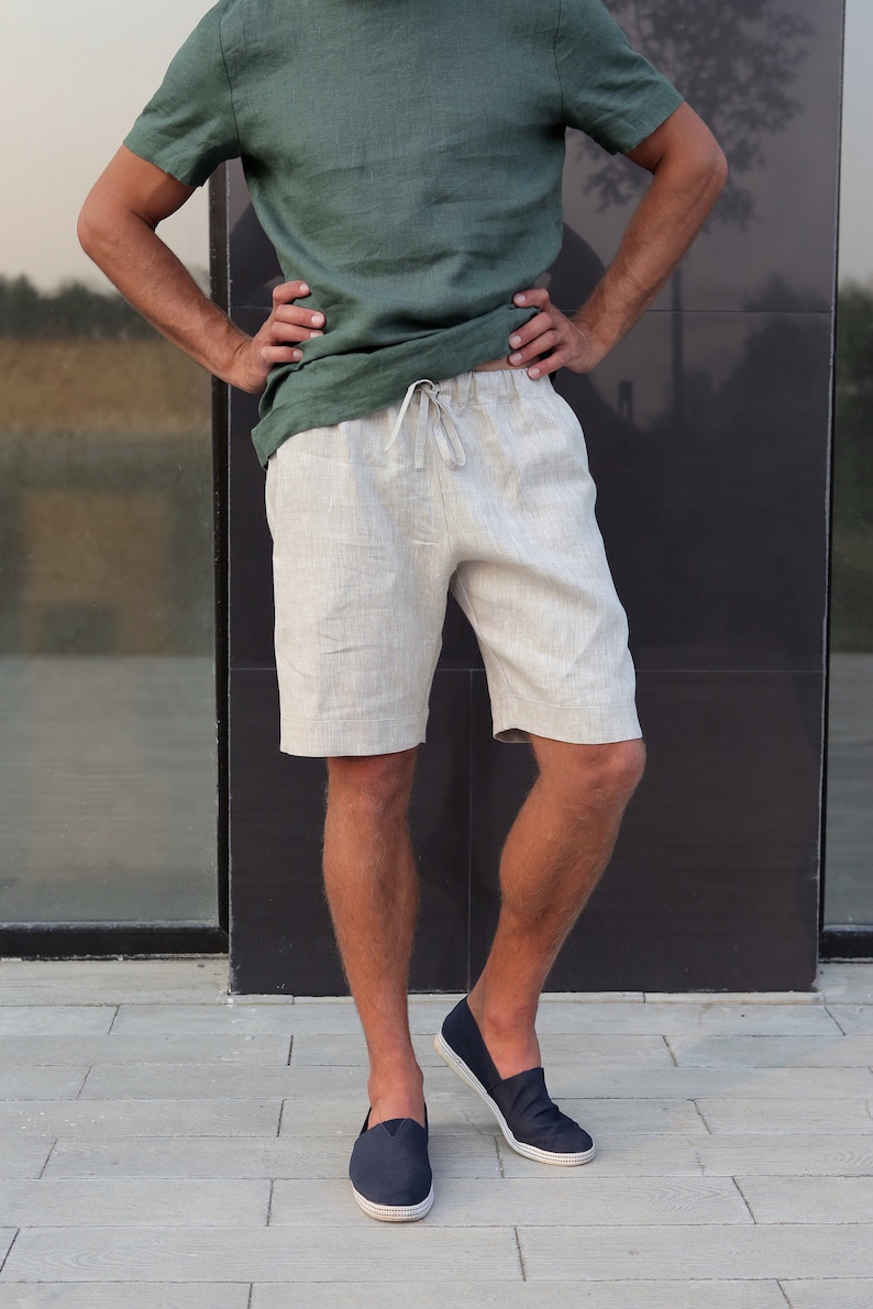 Herren-Leinen-Shorts, Sommer-Shorts, Shorts für Männer, Frühlings-Shorts, Herren-Bio-Kleidung, Strand-Shorts, Basic-Shorts, Beige-Shorts Bild 4