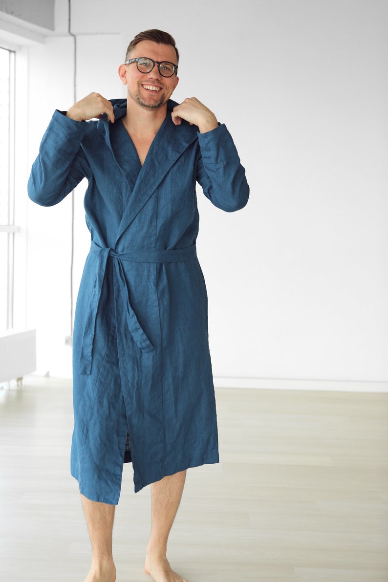 Mens Linen Bathrobe, Navy Blue Hooded Robe, Hoodie Bathrobe, Gown for ...