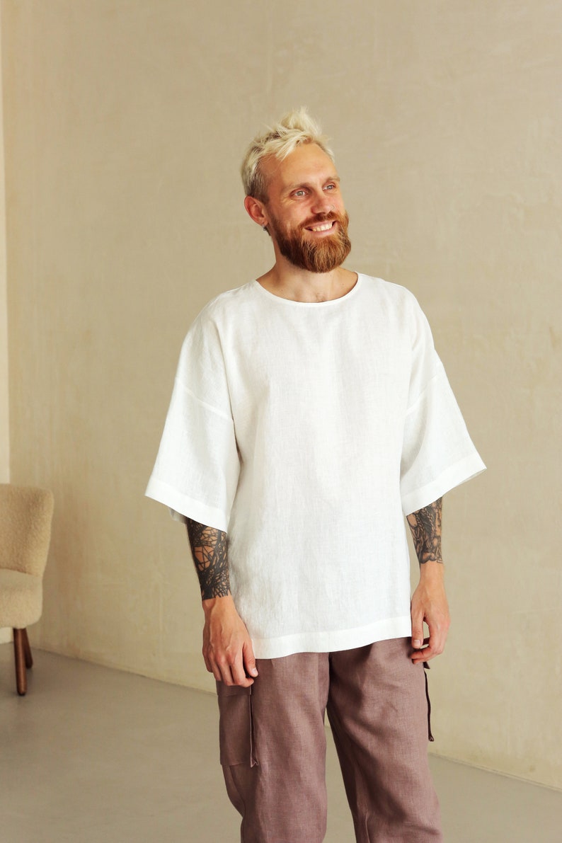 Mens linen t-shirt, Oversize t-shirt, Wide sleeve t-shirt, Shirt for men, Relaxed Mens Cream t-shirt Gift for him, Beach linen shirt zdjęcie 6