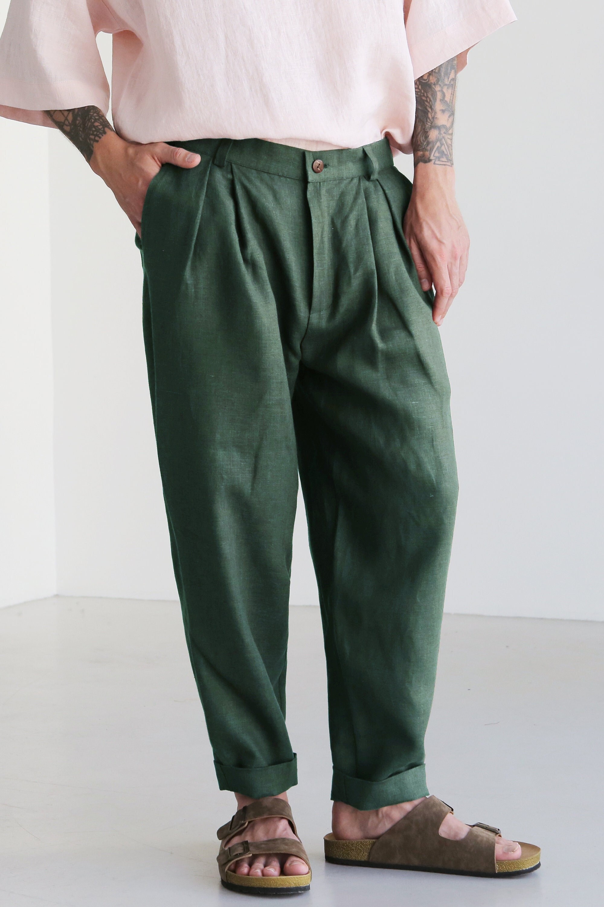 Mens Linen Pants With Pleats, Green Linen Joggers, Mens Trousers, Loose Fit  Pants, Baggy Pants 