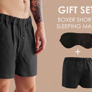 Gift SET of Mens linen shorts and mask, Boxer shorts with button, Summer shorts, Sleeping mask, Boxer for men, Sleep shorts, Basic shorts