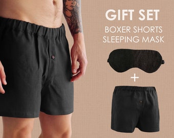 Gift SET of Mens linen shorts and mask, Boxer shorts with button, Summer shorts, Sleeping mask, Boxer for men, Sleep shorts, Basic shorts