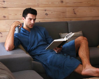 Herren-Leinen-Bademantel, natürliche Loungewear, natürliche Leinen-Robe, Homewear, Hochzeitsmantel, Kleid für Männer, Morgenmantel, Geschenk für ihn